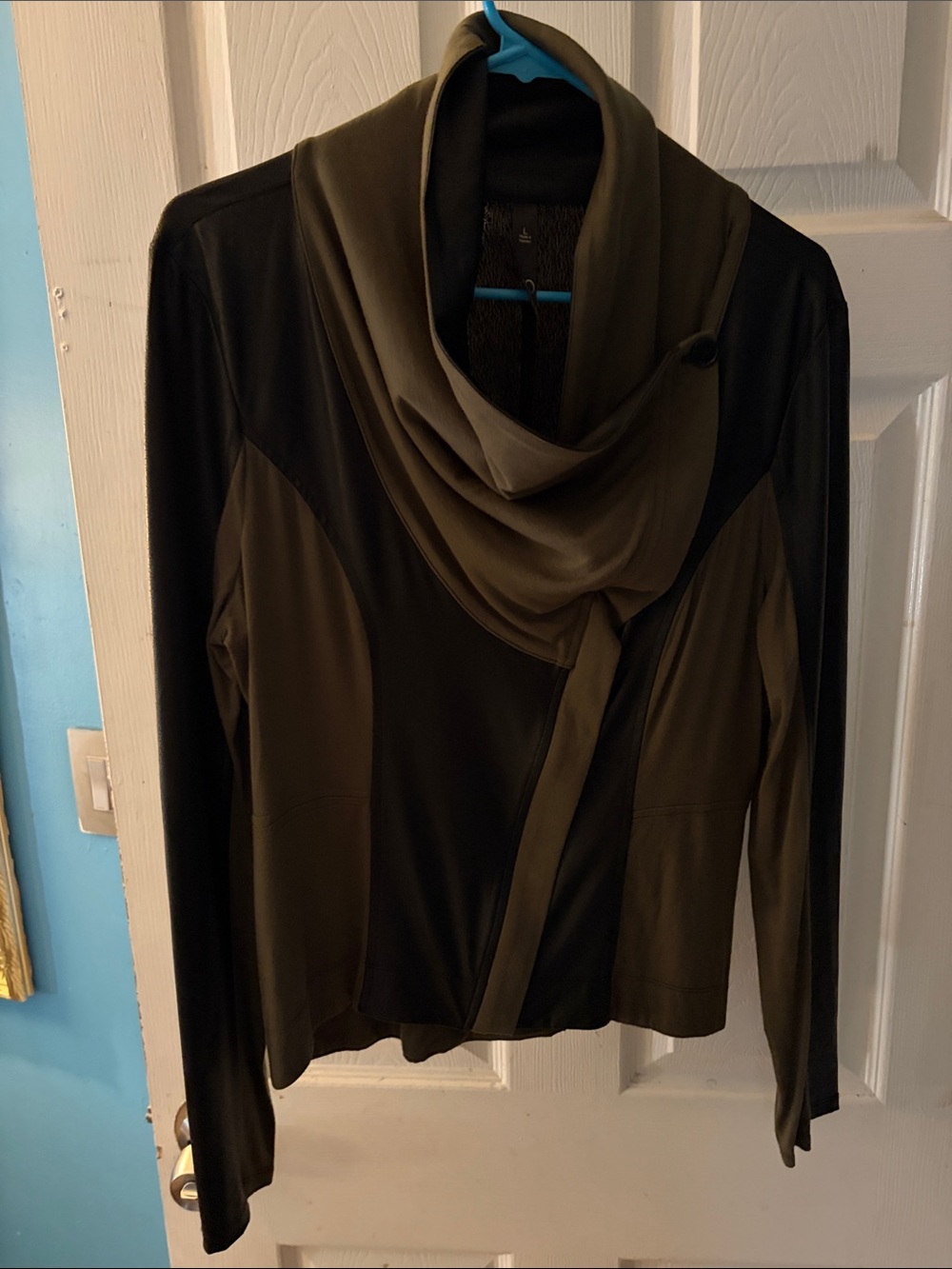 Two-Tone Black and Olive Draped Collar Athletic Jacket by Jessica Simpson
